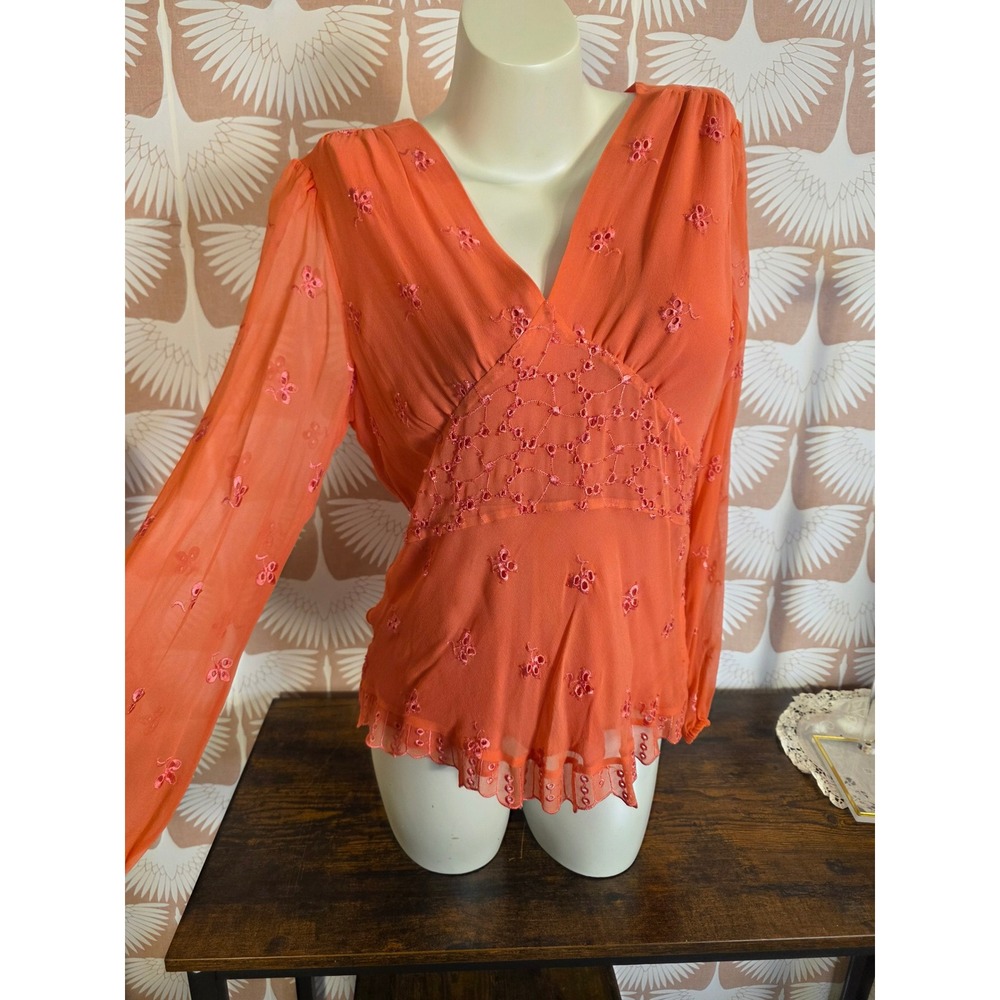 Y2K ICE Vintage 100% Silk empire Embroidered Beaded V-Neck Blouse Coral Orange M